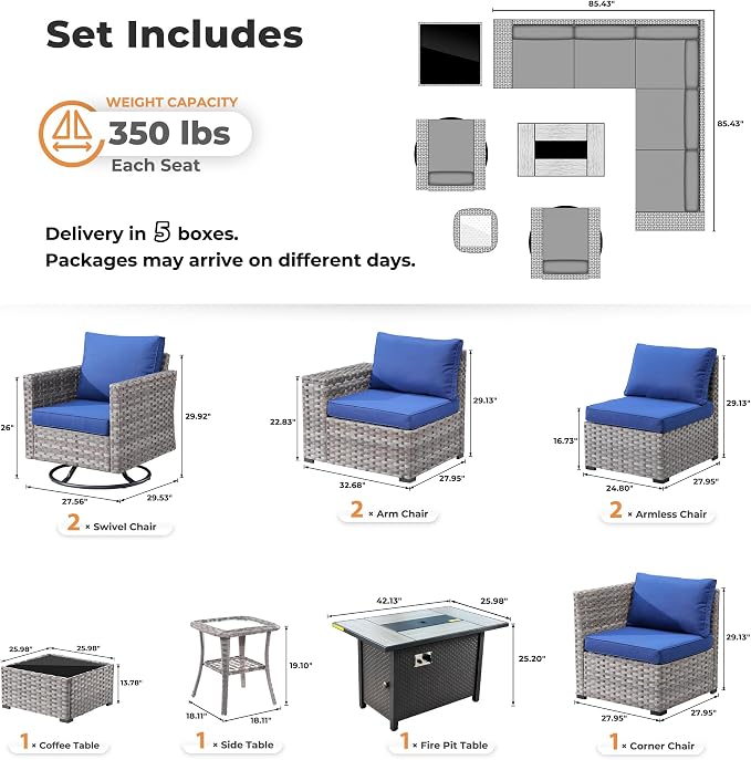 ovios 10 Pieces Patio Furniture Set, Outdoor Wicker Sectional Sofa with 42" Fire Pit Table Swivel Chairs, Modern Modular Deep Seat Rattan Couch Conversation Sets, Navy Blue