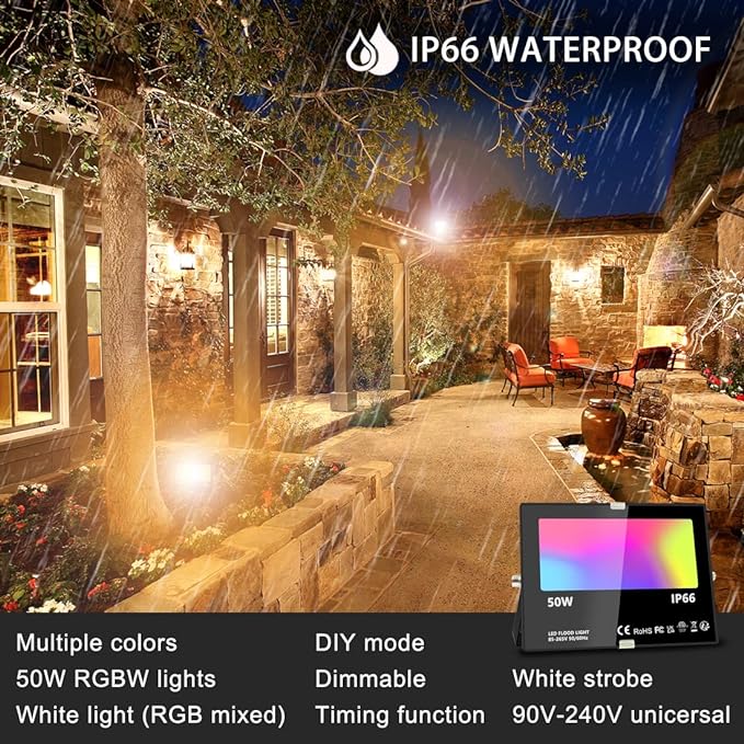 LED Flood Light Outdoor, 500W Equivalent 5000LM Smart RGB Landscape Lights | APP Control, DIY Scenes - Timing - Warm White 2700K - Color Changing Uplight, IP66 Waterproof US Plug (4 Pack)