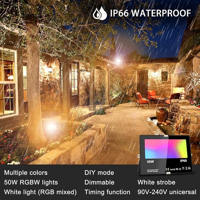 Led Flood Light 500W Equivalent, RGBW Led Outdoor Lights Colored Floodlight | Remote Control, 50W,5000ML 2700K,120 Colors, Timing, Dimmable, Custom Modes, Landscape Lighting (2 Pack)