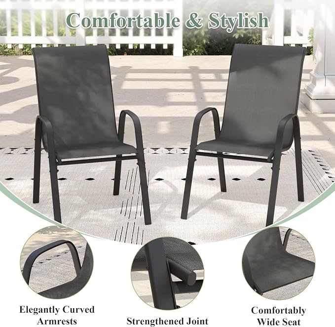 9 Pieces Outdoor Dining Set, 53" Round Table with Umbrella Hole & Stackable Patio Dining Chairs, Patio Table and Chairs Set for Deck Garden Porch, Black Chairs & Black Table