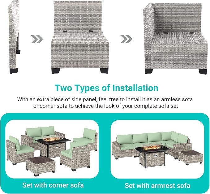 7-Piece Outdoor Patio Furniture Set with 55,000 BTU Fire Pit Table, PE Wicker Rattan Sectional Sofa Patio Conversation Set with Thickened Cushions & Coffee Table, Light Green