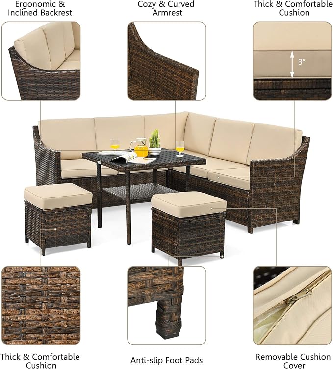 Tangkula Wicker Outdoor Dining Set, 6 Piece PE Rattan Wicker Sectional Corner Sofa Set with Dining Table, 2 Ottomans, Suitable for Garden, Patio, Poolside, Lawn and Balcony, Patio Furniture Set