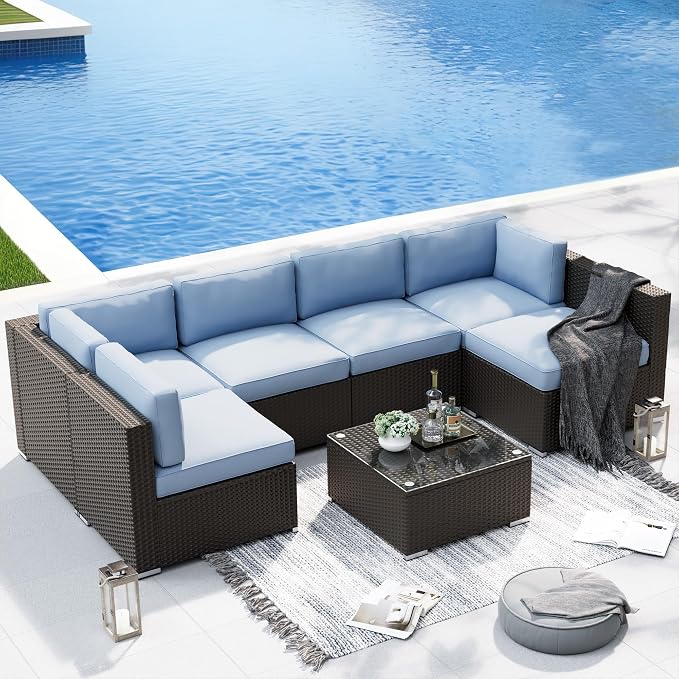 SOLAURA 7 Pieces Outdoor Patio Furniture Set, Black Brown Rattan Outdoor Patio Sectional Conversation Set, Modular Sofa Set with Coffee Table, Sky Blue