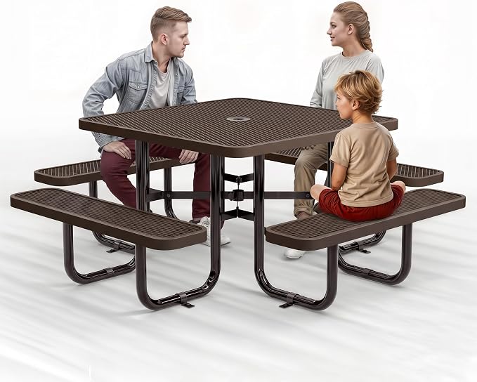 Metal Picnic Tables for Outdoors with Umbrella Hole - Coated Steel Heavy Duty Commercial Grade Furniture (Brown, 46 in, Square, Expanded Steel)