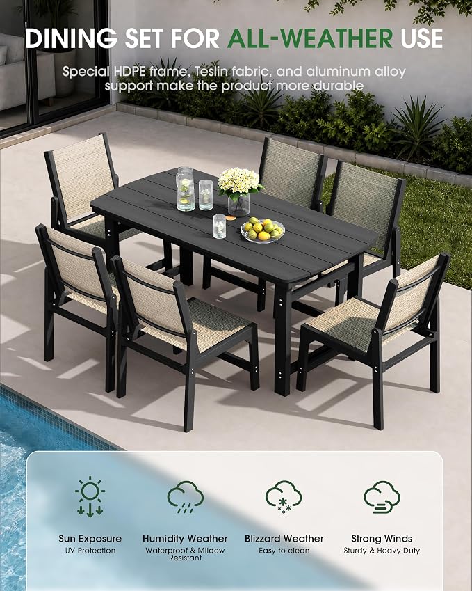 HDPE Outdoor Patio Dining Set with Table & 6 Stackable Armless Textilene Chairs, All-Weather 7-Piece Dining Table Set with Umbrella Hole, Patio Furniture for Garden, Poolside, Backyard, Deck | Black