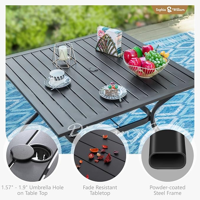 Sophia & William Patio Dining Set, Steel, Black | Umbrella Hole, E-Coated, Cushions Included, For Patio, Garden and Yard