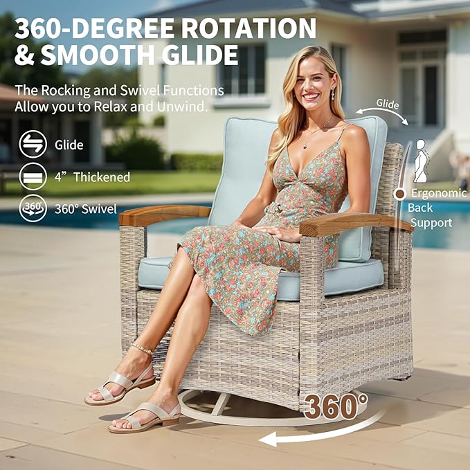MEISSALIVVE 10 Pieces Patio Furniture Sets,Wicker Patio Conversation Sets with 4 Wood Armrests Swivel Glide Chairs, 2 Ottoman, 3-seat Sofa and Coffee Table (Blue)