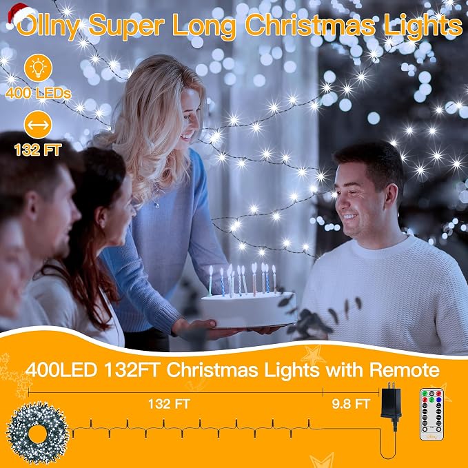 Ollny Christmas Tree Lights 400LED 132FT, Remote Plug-in Christmas Lights with Timer and 8 Modes Waterproof Outdoor String Lights for Thanksgiving Xmas House Indoor Outside Decorations (Cool White)