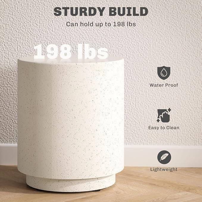 HOMCOM Concrete Finish Side Table, Lightweight Accent Table, 17" Patio Round Stump End Table with 4 Adjustable Feet for Indoor, Outdoor, Cream White