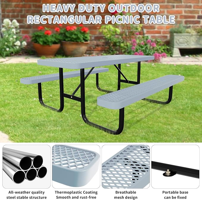Picnic Tables for Outdoors,Commercial Metal Picnic Table Bench Set with Umbrella Hole,School Canteen Tables W/Seats - Heavy Duty Sturdy Picnic Tables Furniture for Patio Garden (Grey, 6FT)