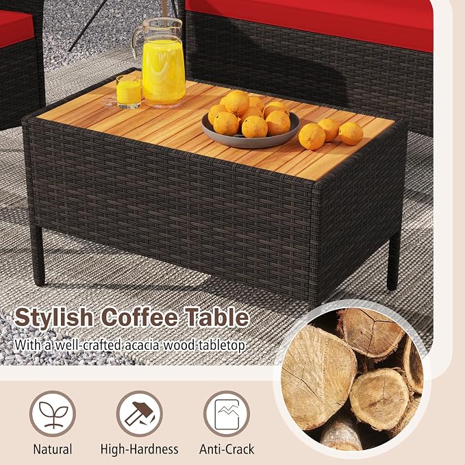 Tangkula 4 Pieces Patio Wicker Sofa Set, 2 Rattan Chairs & Loveseat w/Coffee Table, Acacia Wood Armrests & Tabletop, Outdoor Cushioned Conversation Set for Backyard, Poolside (Red, 4 Pieces)