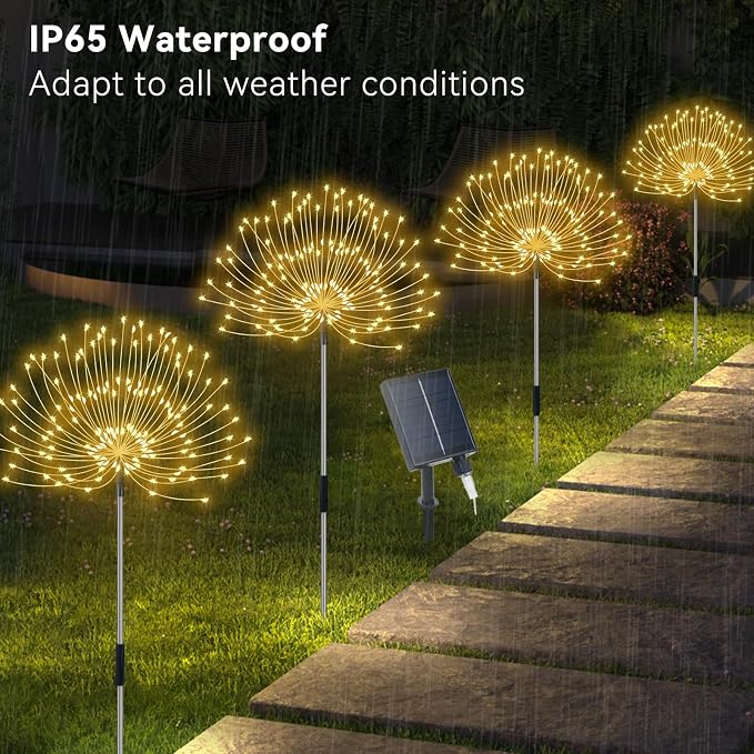 Slyuexu Solar Garden Lights Outdoor Waterproof, 4 Pack Total 480 LED Solar Firework Lights Decorative with 8 Lighting Modes Outside for Yard Pathway Flowerbed Decor, Warm White