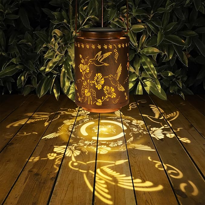 Solar Lanterns Outdoor Waterproof Garden Decor Gifts for Women Mon | Metal Hanging Solar Lights Decoration for Outside LED Lanterns for Yard Patio Lawn Pathway（Hummingbirds）