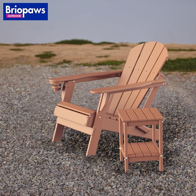 BRIOPAWS Outdoor-Side-Tables | Set of 2 | Small | HDPE Plastic | Patio End-Table | 2-Shelf Adirondack Outside Tables | All Weather | for Poolside Front Porch Indoor Living Room | 14" x 13" | Teak