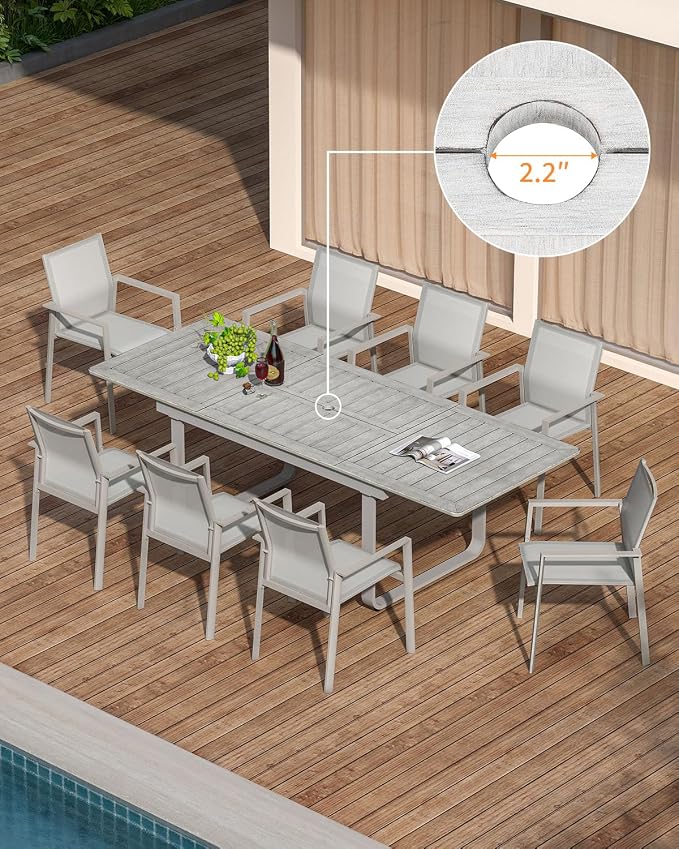 Expandable Outdoor Dining Table for 6-8 Person, Never-Rust Aluminum Extendable Dining Table with U-Shape Legs, 59"-97" Rectangular Patio Table for Porch, Deck, Backyard