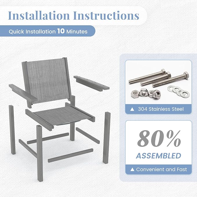 Amopatio HDPE Patio Dining Chair with Armrests - Textilene Outdoor Chair with Wide Seat for Poolside, All Weather UV Resistant Heavy Duty Patio Chair for Backyard Balcony & Deck(Gray)