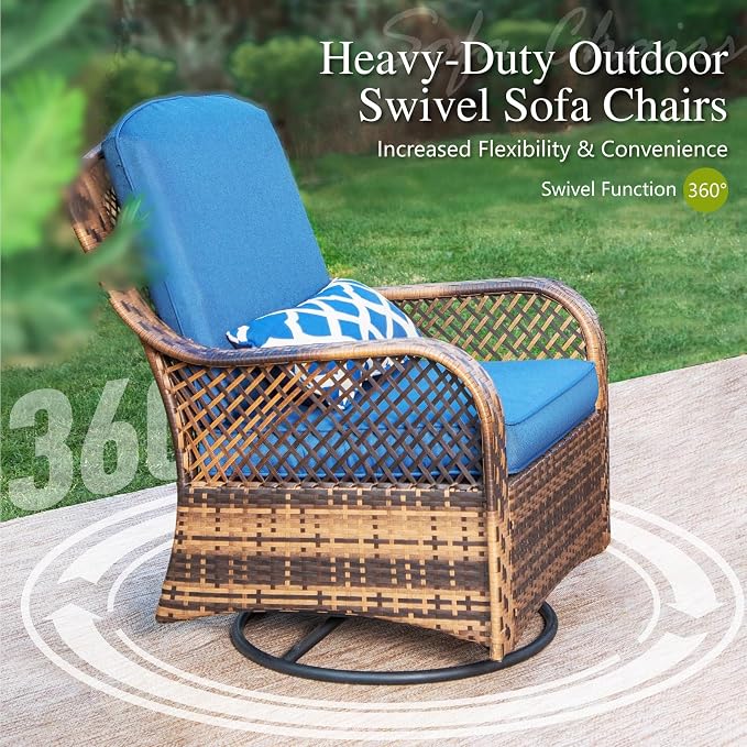 PHI VILLA 4-Piece Outdoor Swivel Rocker Chairs Set with Fire Pit Table, Rattan Patio Furniture Set Supports 350lbs, with 2 Rocking & Swivel Chairs, 1 Coffee Table, and 1 Fire Pit