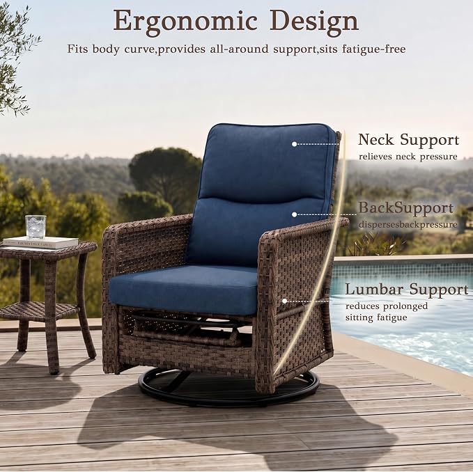Brafab 7-Seat Piece Wicker Patio Furniture Set with 44" Propane Fire Pit Table, Outdoor Swivel Recliner Chairs with Adjustable Backrest & Footrest for Patio Conversation and Backyard Gathering, Blue