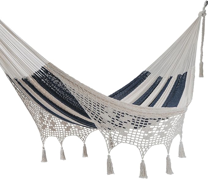 NOVICA Blue and White Striped Hand Woven Cotton Mayan 2 Person XL Rope Hammock with White Crochet Fringe with Hanging Accessories, 'Riviera Romance' (Double)