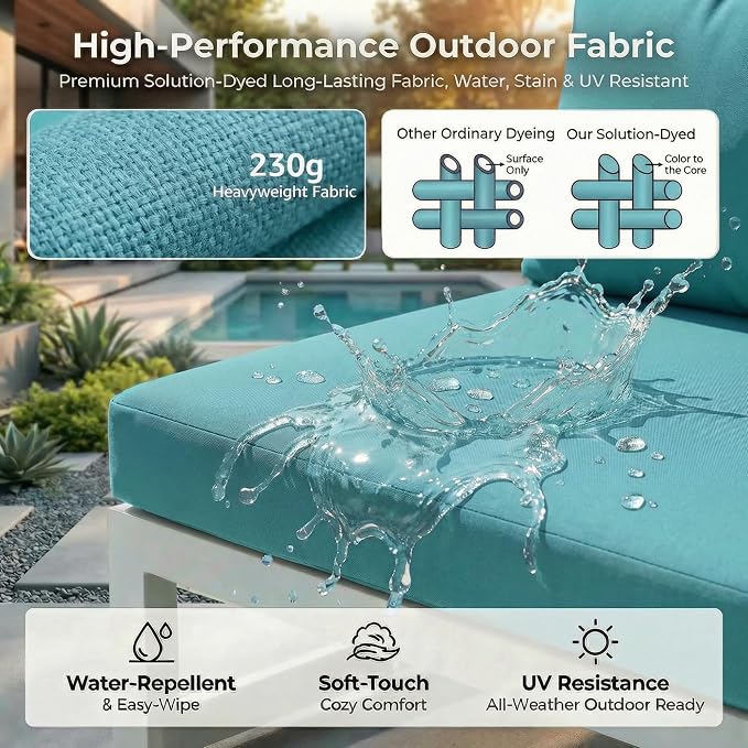 RADIATA 9 Piece Large Modern Aluminum Outdoor Patio Furniture Set with Fire Pit Table Propane/Gas, 29 inch Wide Deep Seat, Anti-Rust Comfy Sectional Sofa, 500 lbs Sturdy Conversation Set, Turquoise