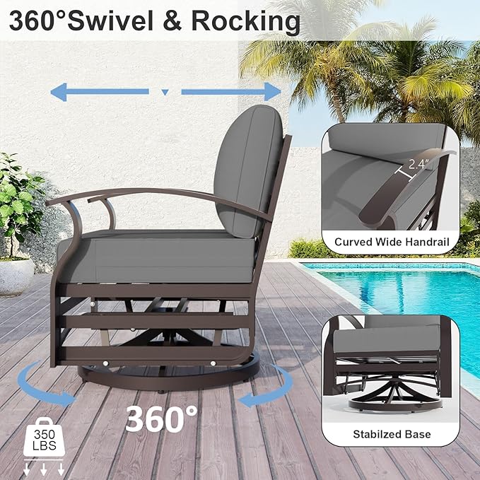 ALAUML Aluminum Outdoor Swivel Chairs High-Back Metal Swivel Rocking Chairs for Patios, Porches, Backyards, and Gardens—Grey