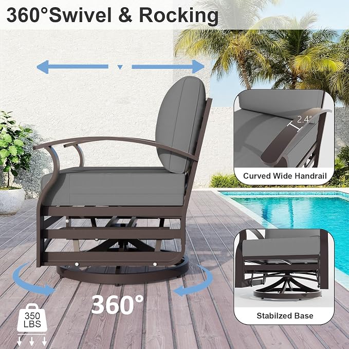 ALAULM Aluminum Patio Furniture Set with Coffee Table Rectangular, 5-seat Outdoor Sectional Furniture w/2 Swivel Chairs, Patio Conversation Set for Porch, Backyard, Poolside-Grey