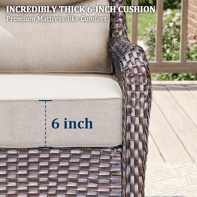 Luxury Swivel Rocker Chairs Fire Pit Set with 6" Thick Cushion 8 piece Wicker Outdoor Patio Chair with Sofa and Side Table,Comfortable High Back Outdoor Patio Furniture Set - Brown | Beige