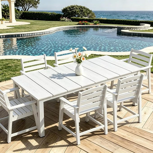 AreShark 7-Piece Outdoor Dining Set,HDPE Patio Table with 6 Chairs,All-Weather Patio Furniture Set with Umbrella Hole,Low Maintenance Wood Grain Dining Set for Backyard,Garden,Poolside,White