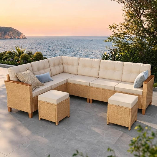 SUNSHINE VALLEY Small Patio Furniture Set, 6 Piece Wicker Outdoor Patio Conversation Set, Outside L-Shaped Sectional Sofa Couch with Chaise Lounge and 2 Ottomans for Porch Balcony Deck