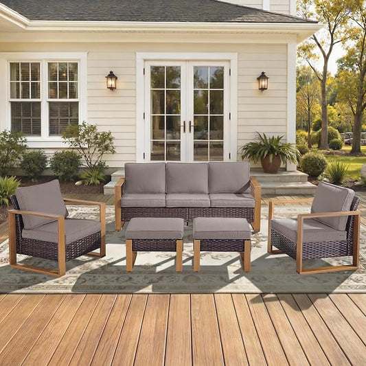 5-Piece Outdoor Patio Furniture Set with Rattan Chairs, All-Weather Wicker Sofa Set for Garden, Yard, Porch and Poolside Seating Grey