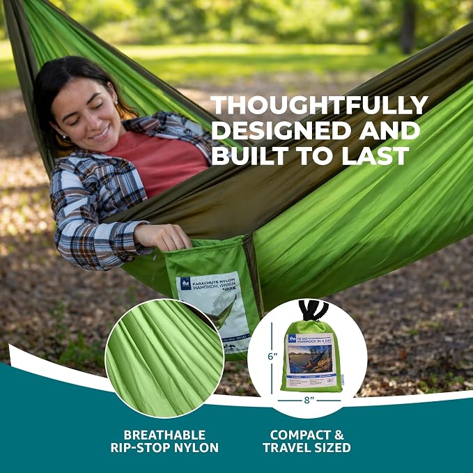 Bliss Hammocks Hammock in a Bag with Tree Straps and Carabiner Hooks, Nylon Hammock for Camping and Outdoor Use, 350 Lb Capacity, Forest Green