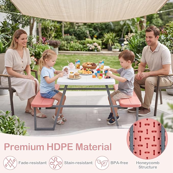 KOTEK Kids Picnic Table with Umbrella, Toddler Outdoor Table and Bench Set, Easy to Clean, HDPE Top & Metal Frame, 660LBS Capacity, Kids Patio Furniture for Backyard Park Garden