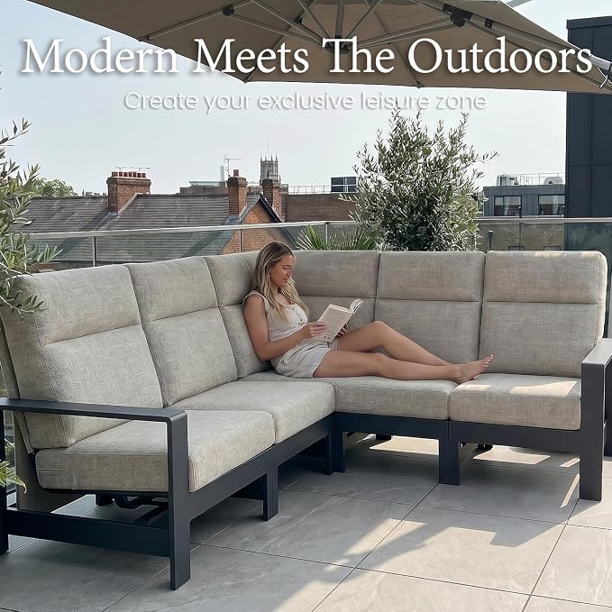 LayinSun 7-Piece Patio Furniture Set, Outdoor Aluminum Conversation Set with Swivel Chair and 6" Thick Cushions, Modern Sectional Sets for Balcony Backyard Pool
