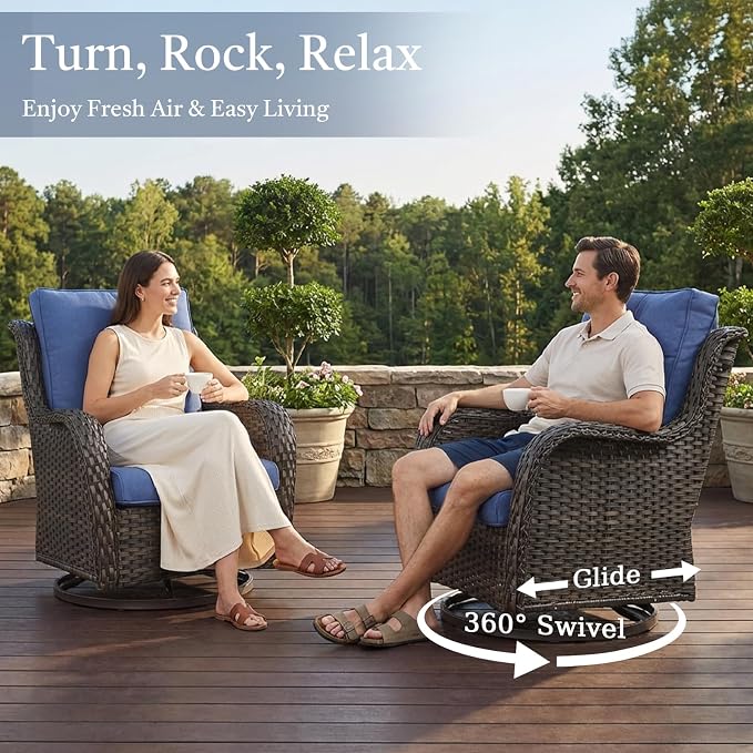 6 Piece Patio Furniture Set with Ottoman - All Weather Patio Conversation Set with 4 Inch Thick Cushions and Deep Seating Swivel Glider Chairs & Outdoor Couch for Porch Deck Yard Pool