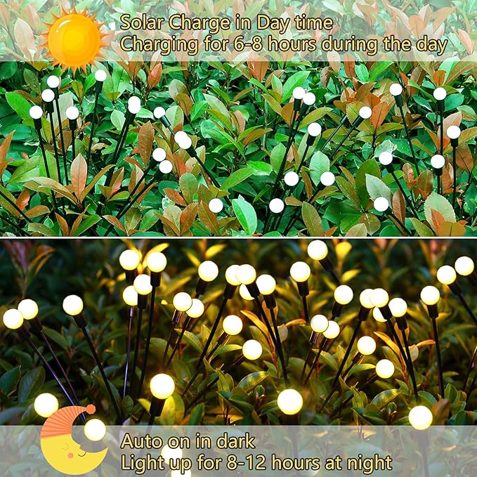 Solar Garden Lights Outdoor, 6 Pack 48 LED Solar Firefly Lights Waterproof, Sway by Wind, Swaying Light for Yard Patio Backyard Garden Planter Flower Bed Pathway Outdoor Decoration (Warm White)