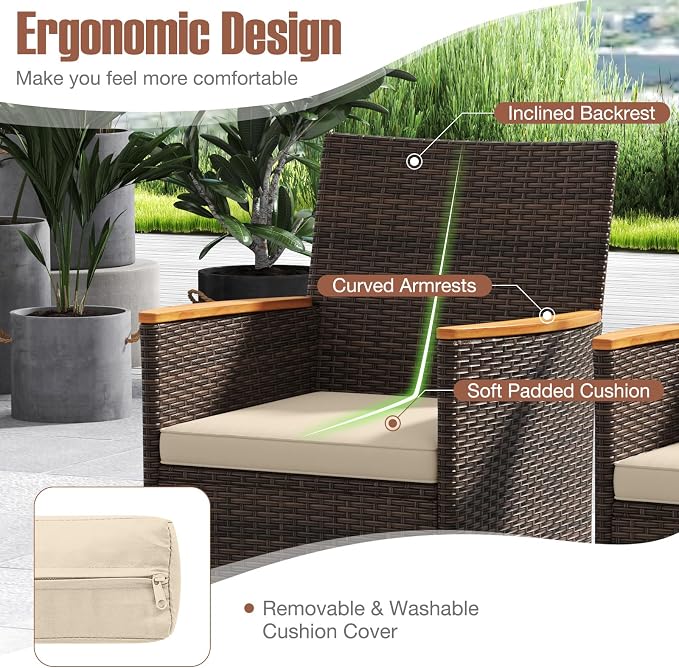COSTWAY 9-Piece Patio Dining Set for 8, Outdoor Rattan Wicker Table and Chairs Furniture Set with Umbrella Hole, Acacia Wood Tabletop for Backyard, Balcony, Poolside, Brown & Beige