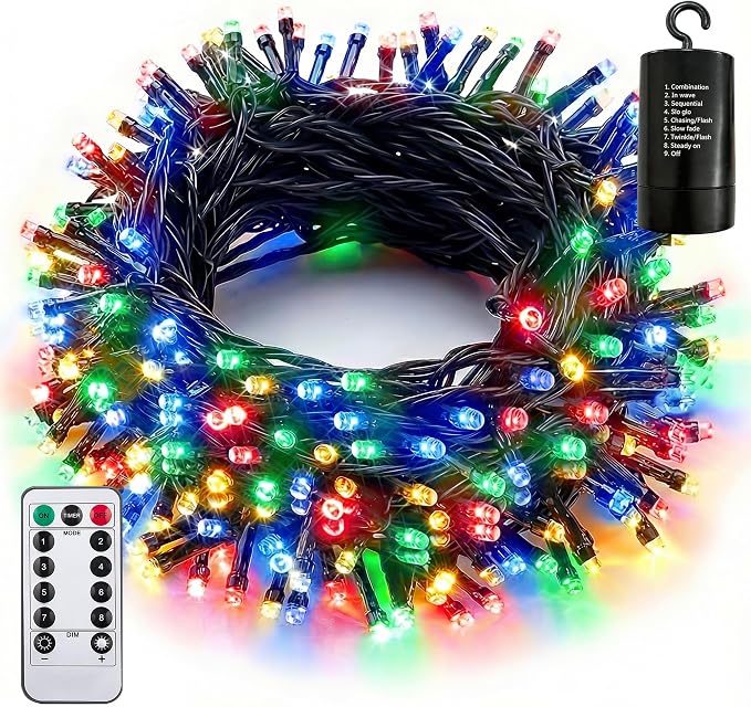 Battery String Lights 66Ft 200LED Remote Timer Decor | Indoor Outdoor Waterproof 8 Modes Memory Battery Operated Christmas Lights for Outside Party Garden Christmas Tree Décor