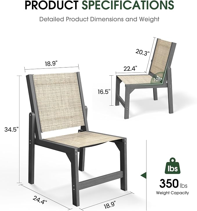 Patio Stackable Chairs Set of 2, HDPE Armless Outdoor Dining Chairs with Wide Seat, All-Weather Textilene Oversized Porch Chair for Garden, Poolside, Backyard, Deck | Grey