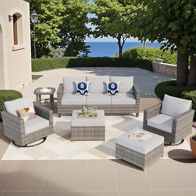 ovios 6 Pieces Patio Furniture Set, Outdoor Wicker Rattan Sofa Couch with Swivel Glider Chairs Comfy Cushions, Modern Conversation Set for Deck Backyard Porch, Grey