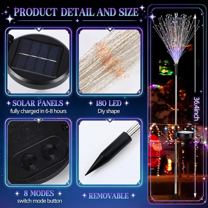 Tujoe 6 Pcs Christmas Solar Firework Stake Lights 180 LED 8 Modes Solar Waterproof LED Sparkler Lights Outdoor Decoration for Garden Patio Yard Pathway Walkway Lawn (Colorful)