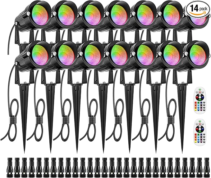 ZUCKEO 12W RGB Low Voltage Landscape Lighting Remote Control Color Changing Landscape Lights, Waterproof LED Outdoor Spotlight for Garden Pathway House Christmas Decor, 14 Pack with Connector