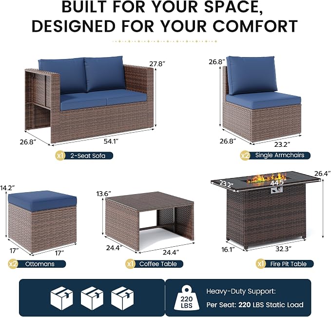 Amopatio Patio Furniture Set with Fire Pit Table, All-Weather Wicker Outdoor Conversation Sofa Set with Glass Coffee Table, Cushions & Ottomans for Deck Backyard Porch Lawn Blue