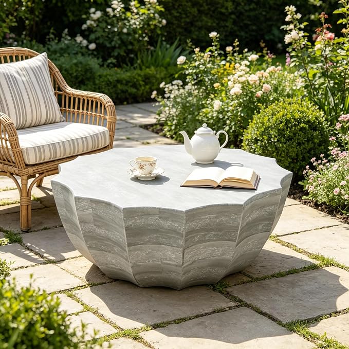 35.43" Concrete Outdoor Table,Modern Round Stone Coffee Table,Waterproof Outdoor Coffee Table for Patio for Terraces, Gardens, Backyards and Living Rooms (Marble White, 35.43")