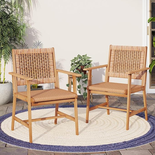 MFSTUDIO Patio Dining Chairs, Set of 2, Acacia Wood & Rattan, Natural Wood | Breathable, Supports 300 lb, For Garden