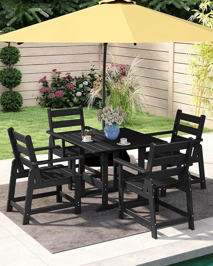 GREENVINES 5-Piece-Outdoor-Dining-Set | HDPE | Square | Patio Furniture | All Weather | Removable Armrests | Slatted Table and Chairs Sets for 4 | for Backyard Poolside Garden | Black