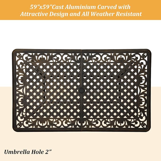 Clihome 59" Outdoor Dining Table 6-Person Cast Aluminum Patio Table with 2" Umbrella Hole Rectangle Patio Dining Table for Yard, Garden, Patio A