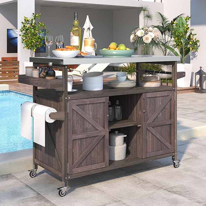 Outdoor Grill Table Bar Cart with Stainless Steel Top, Farmhouse Solid Wood Outdoor Kitchen Island with Spice Rack and Towel Rack, Rolling Island Cart for Kitchen, BBQ, Garden, Patio, Dark Brown