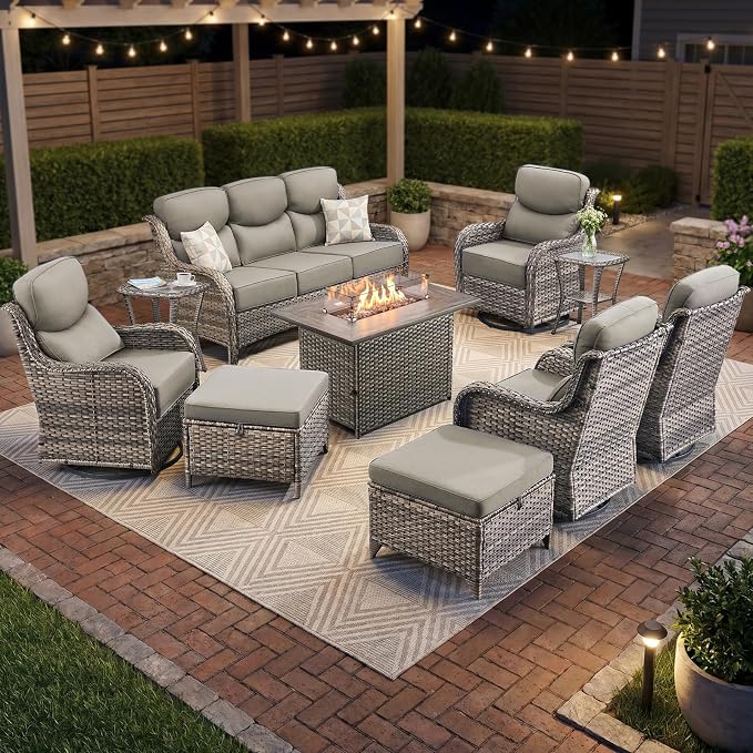 Luxury Swivel Rocker Chairs Fire Pit Set with 6" Thick Cushion 10 piece Wicker Outdoor Patio Chair with Sofa and Ottoman,Comfortable High Back Outdoor Patio Furniture Set - Gery | Gery