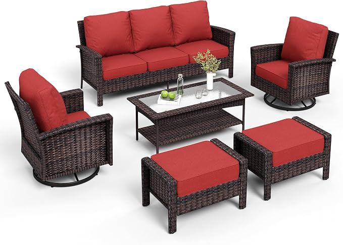 MIXPATIO 6-Piece Wicker Patio Furniture Set with Swivel Chairs, High Back Outdoor Furniture with 5.5-inch Thick Cushion and Ottoman, All-Weather Wicker Patio Conversation Set for Deck Yard Pool, Red