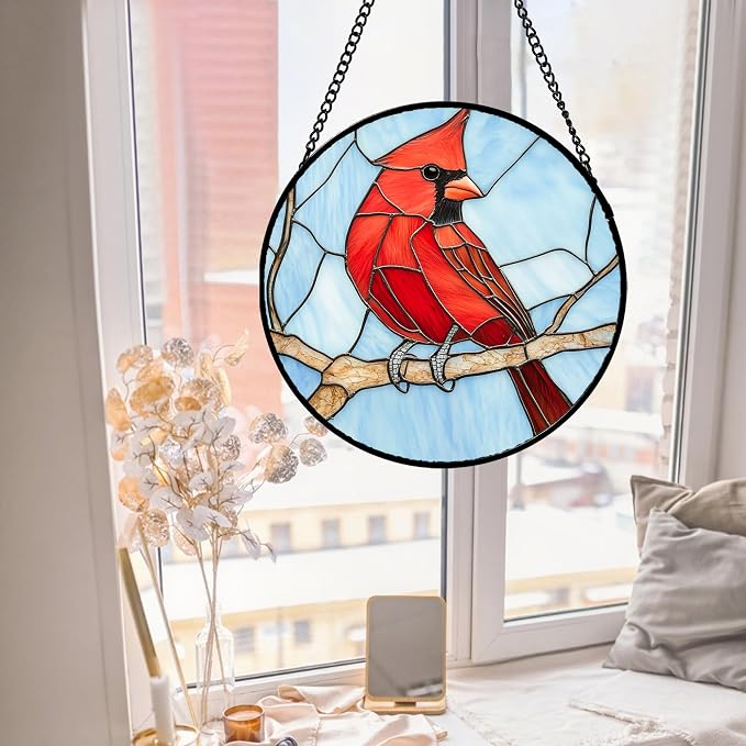 Stained Glass Window Hanging Cardinal Birds 7.8" - Suncatcher Door Garden Sun Catcher Home Decor Christmas Birthday for Bird Lovers Woman Her Nana Wife Men Mom